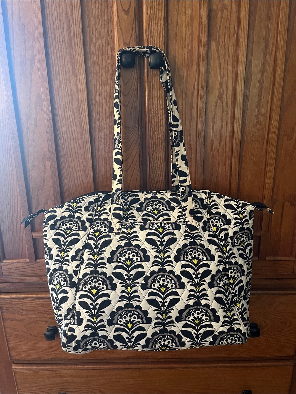 Vera Bradley Zippered and Quilted Black & White Floral Tote Bag